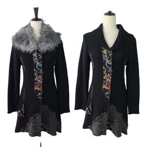 Tessori Black Embellished Cardigan Wool Blend Sweater Removeable Collar Italy  S